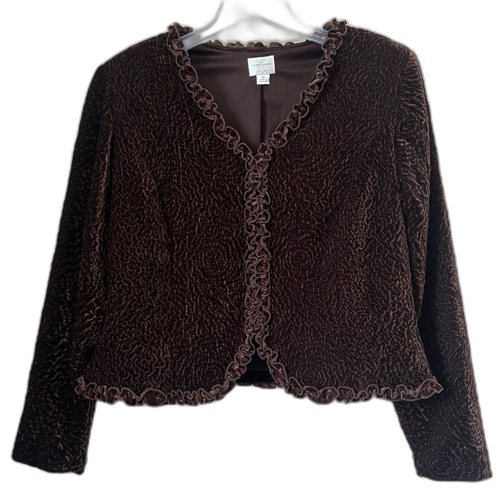 Emma James VTG-Inspired Textured Espresso Ruffle Open Front Blazer Jacket SZ 14 - Picture 3 of 15